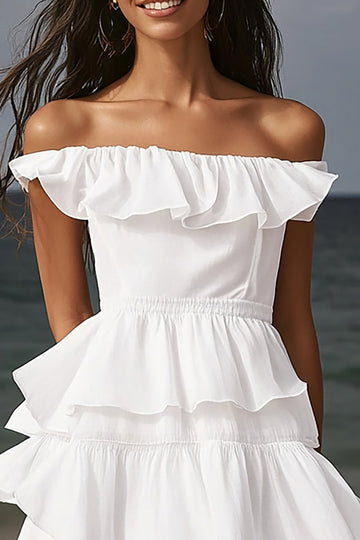 Ivory Ruffled Off the Shoulder Midi Boho Dress